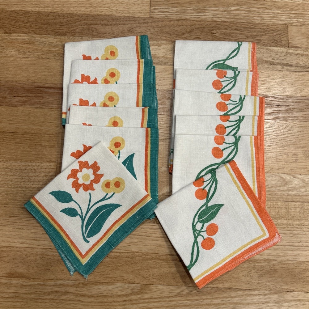 Vtg 70s Mod Floral Cherry Linen Napkins Set 12 MixMatch Thanksgiving Summer Read